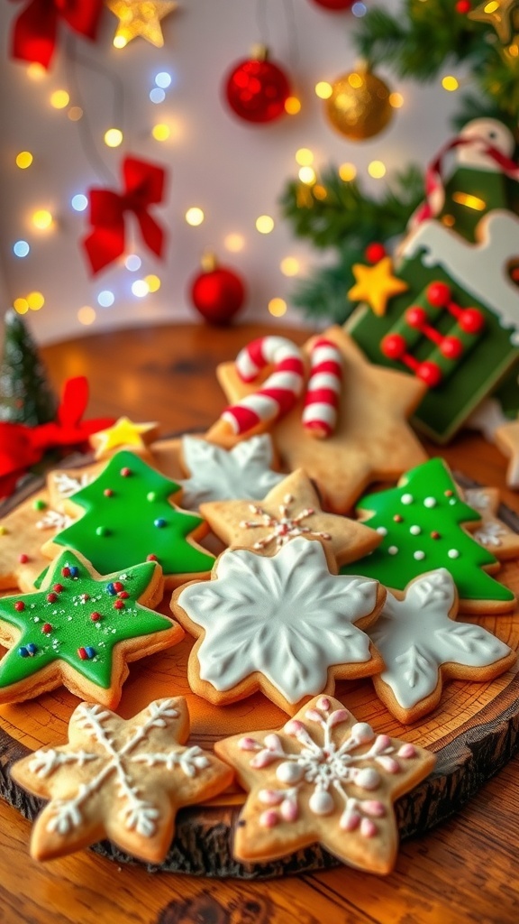 Decorated Christmas sugar cookies in festive shapes on a wooden platter with holiday decorations.